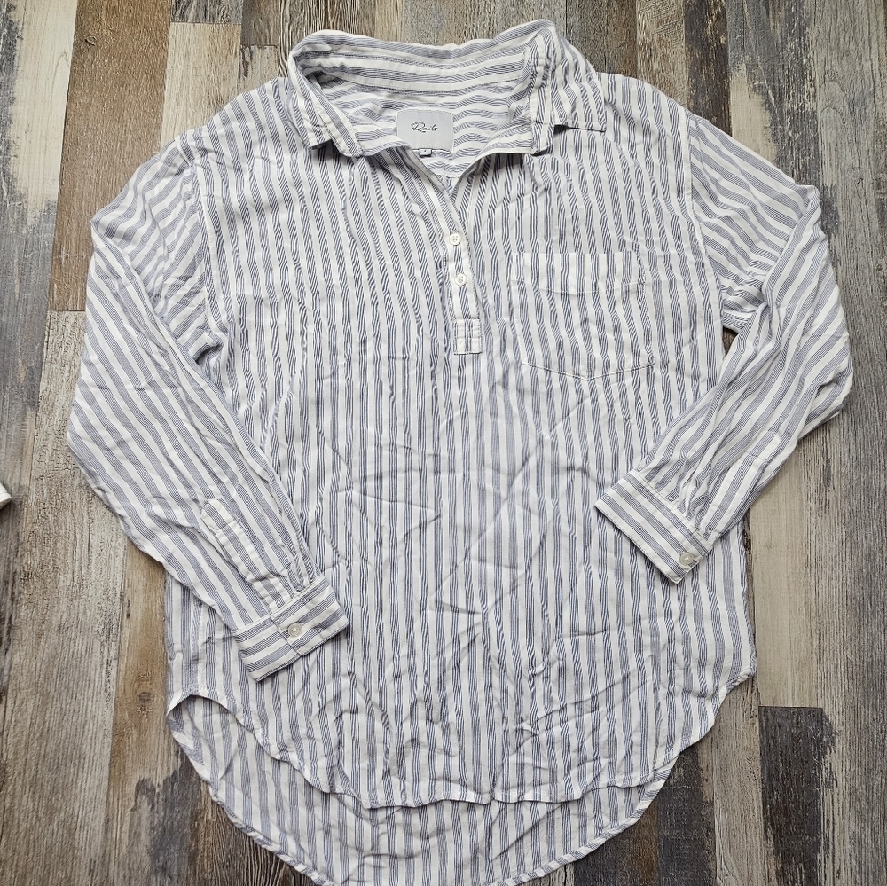 Rails Women's Small Blue White Stripes Blouse Half Button Rounded Hem